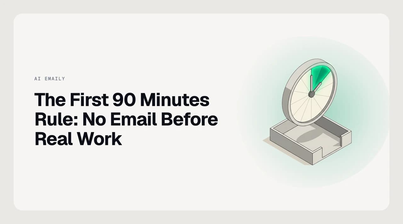 Illustration of a protected 90-minute morning deep work block with a closed email inbox, representing the first-90-minutes rule for email