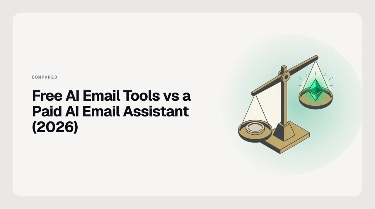 Cover illustration for free AI email tools versus a paid AI email assistant, showing a capped free inbox helper beside a paid assistant that sends, undoes and audits across Gmail, Outlook and IMAP