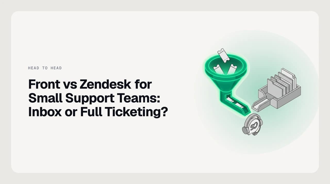 Front vs Zendesk comparison for small support teams under fifteen agents, weighing a conversation-shaped shared inbox against a full ticketing system with a public help center