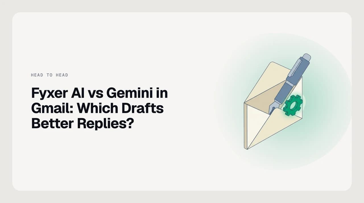 Title card reading Fyxer AI vs Gemini in Gmail for drafting, showing a paid overlay auto-drafting a reply inside a Gmail thread beside a Google Workspace side panel prompted by Help me write
