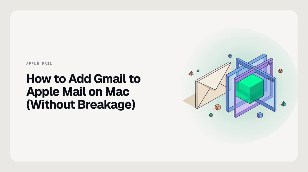 Illustration of a Gmail account connecting to Apple Mail on a Mac via Google's OAuth browser sign-in flow, with a token-revocation warning visible alongside the connection path