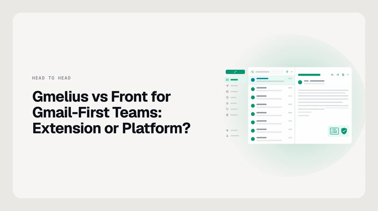 Split comparison diagram for Gmelius vs Front for Gmail teams: on the left, a shared inbox layered inside a Gmail window as a browser extension; on the right, a separate omnichannel platform window pulling email, SMS and chat into one queue.