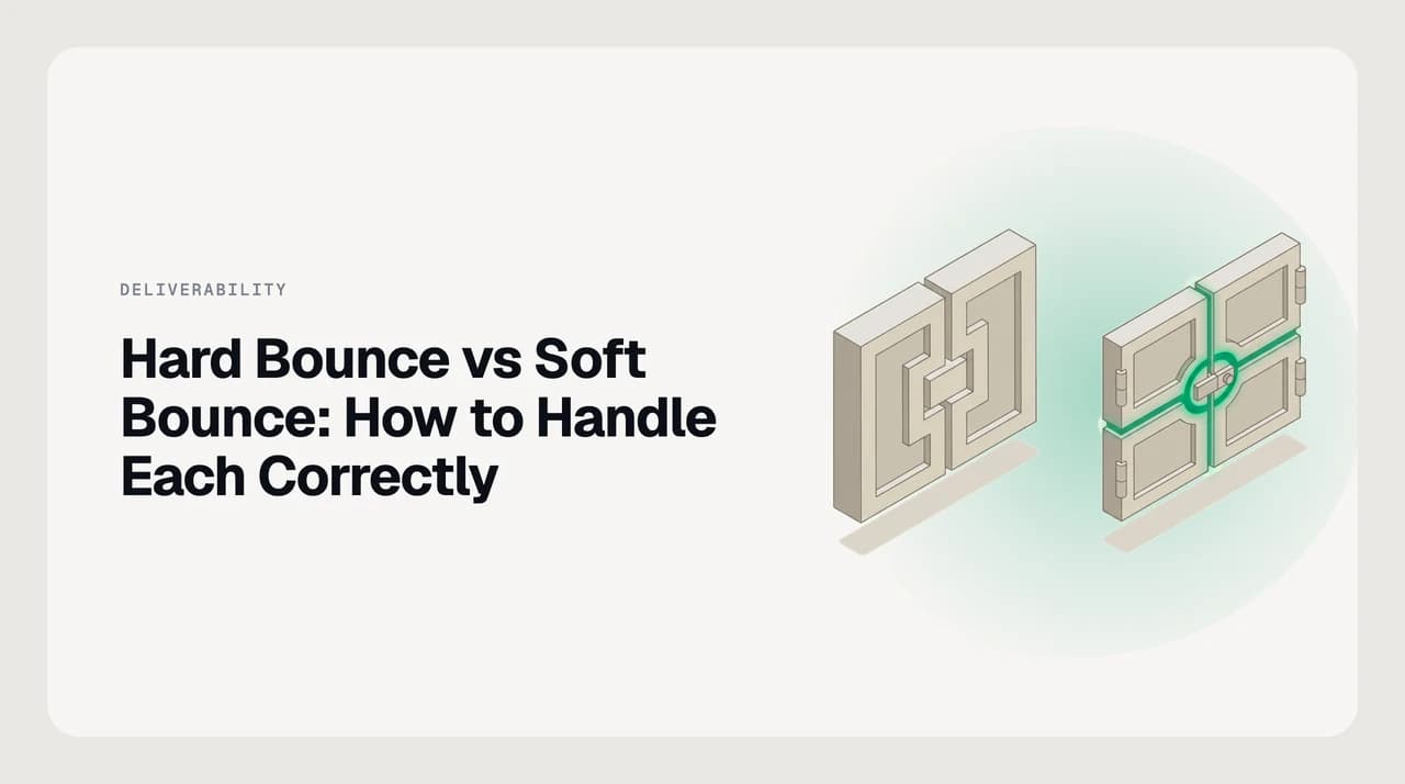 Diagram comparing hard bounce vs soft bounce handling: a permanent 5xx failure routed to immediate suppression and a temporary 4xx failure routed to a retry schedule