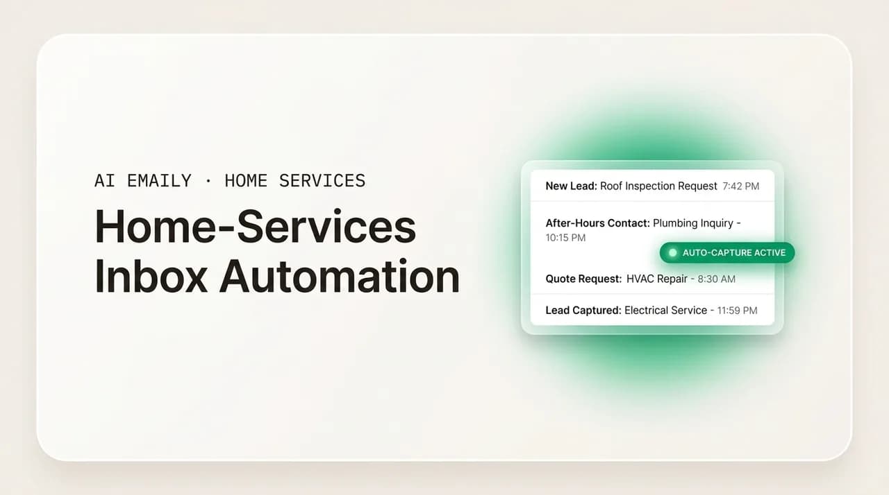 AI Emaily blog cover for home-services inbox automation, showing an inbox capturing every lead