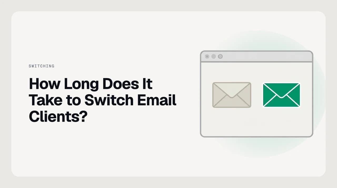 AI Emaily blog cover illustrating a timeline for how long it takes to switch email clients, from account connect through initial sync to muscle-memory retraining