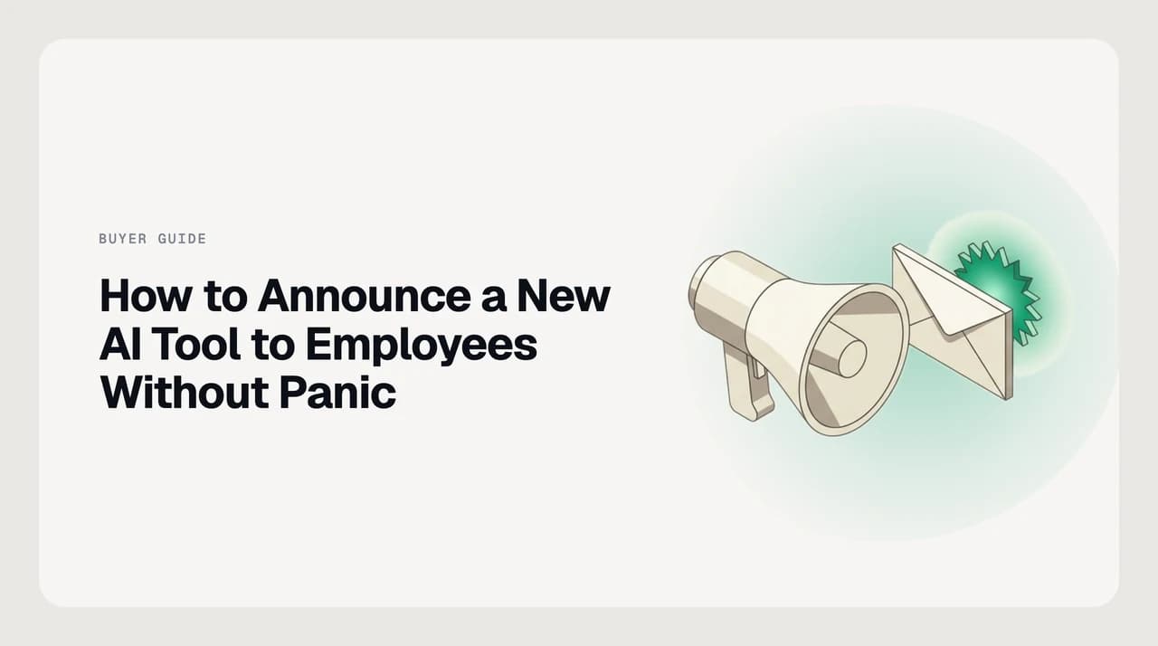 A manager sending a company-wide announcement email about a new AI tool, with icons representing data access, approval, and unchanged job roles