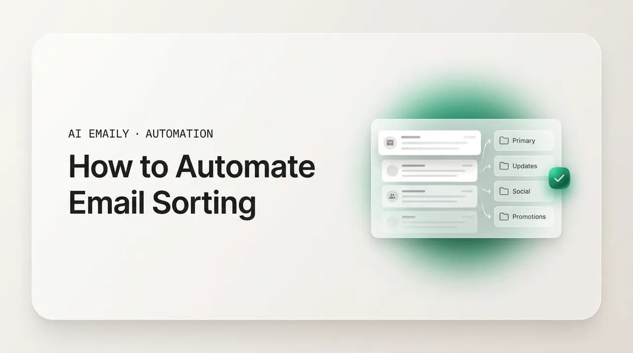 AI Emaily blog cover for automate email sorting, showing an inbox filing itself into sorted folders
