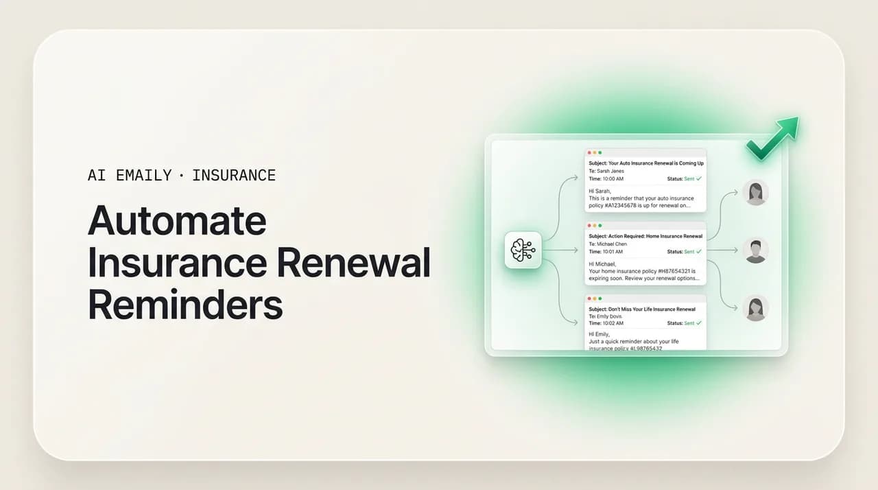 AI Emaily blog cover for automating insurance renewal reminders, showing scheduled renewal emails to clients
