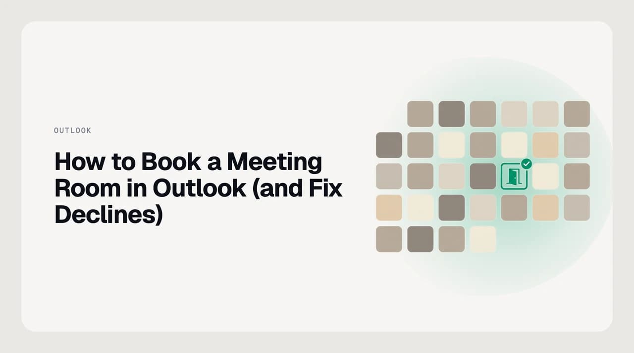 Outlook calendar open with Room Finder panel showing available conference rooms, illustrating how to book a meeting room in Outlook