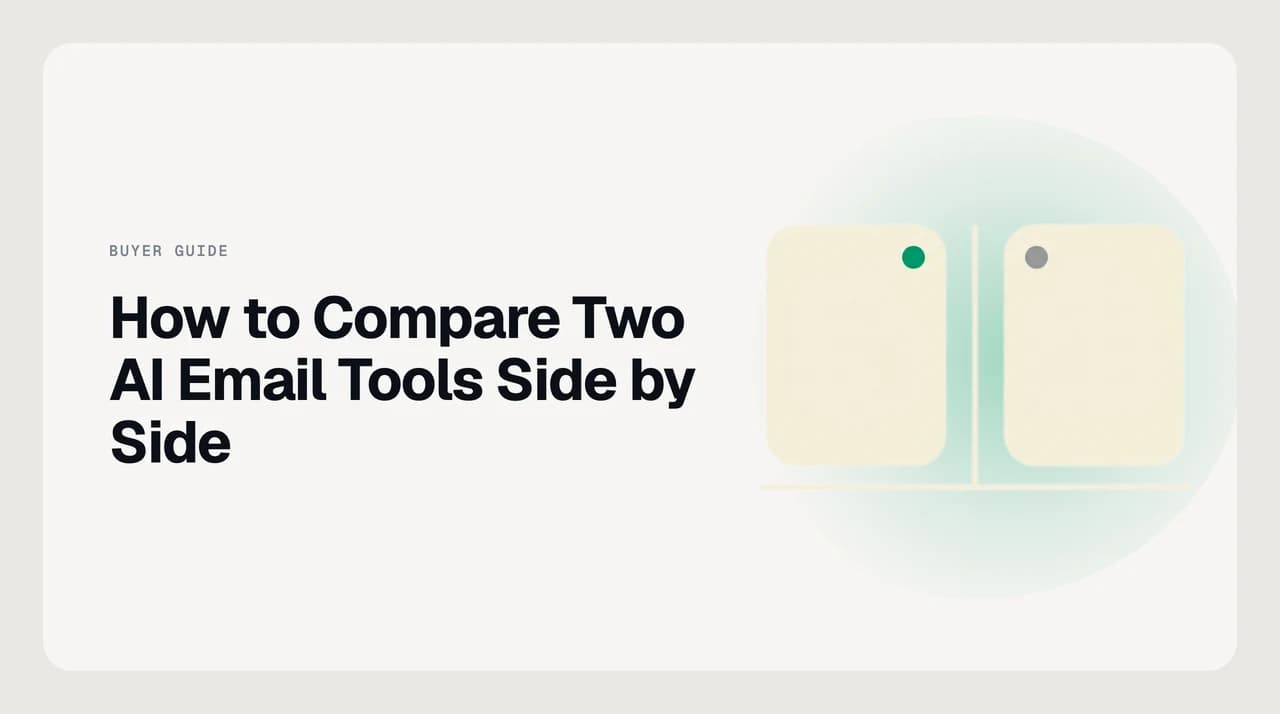 Split-screen illustration of two AI email tools evaluated side by side on the same inbox threads, representing a structured bake-off protocol
