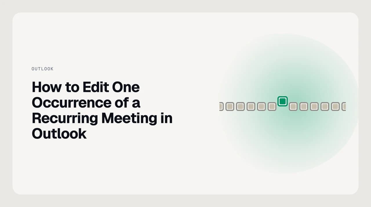 Calendar view highlighting a single date in a recurring Outlook meeting series, with the edit dialog open showing the option to change just one occurrence