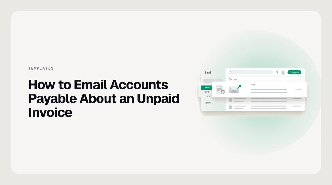 Envelope icon next to a stack of invoice documents, illustrating an email to an accounts payable department about an unpaid invoice