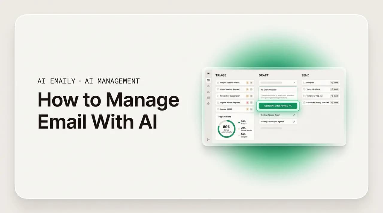AI Emaily blog cover for how to manage email with AI, showing an AI inbox playbook dashboard