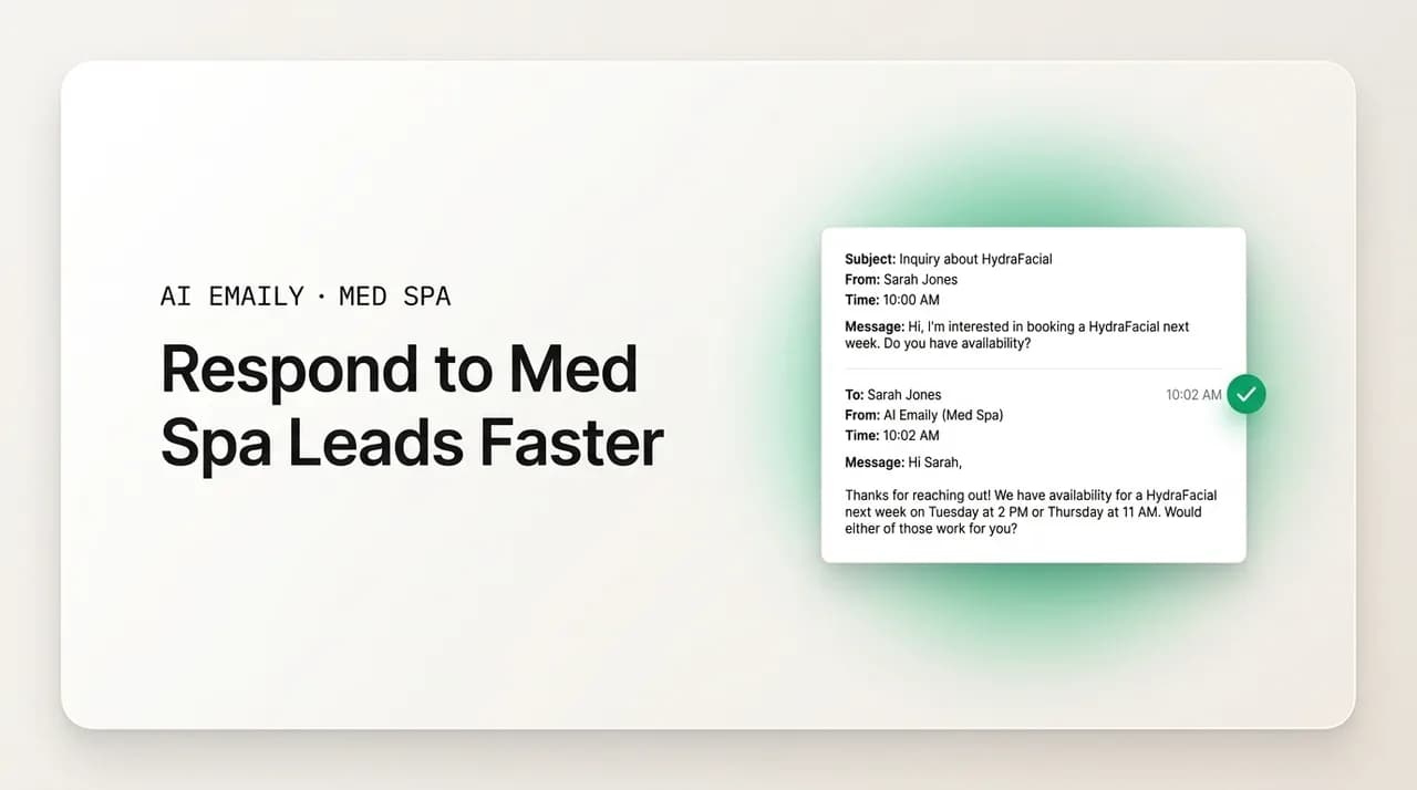AI Emaily blog cover for responding to med spa leads faster, showing a lead answered in the five-minute window