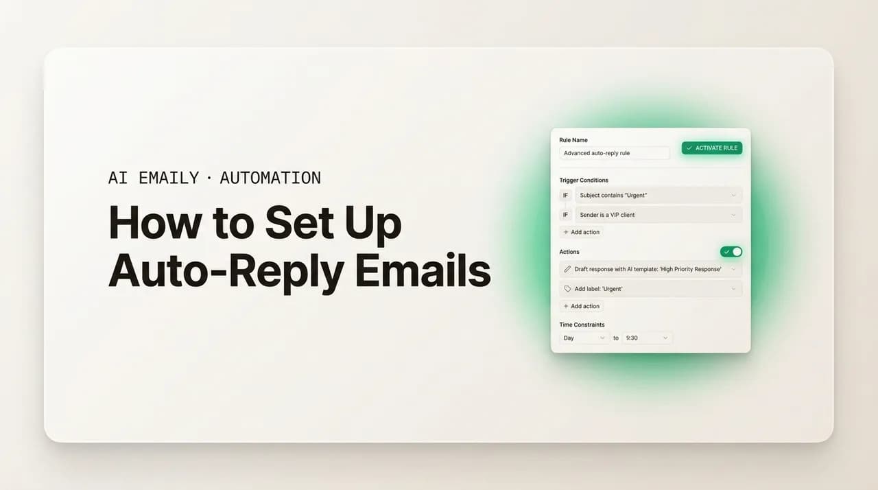 AI Emaily blog cover for auto reply email setup, showing an auto-reply rule builder