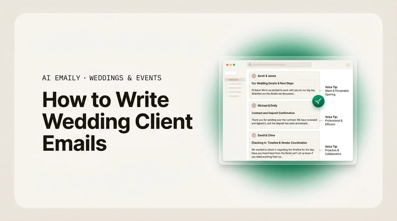 AI Emaily blog cover for how to write wedding client emails, showing warm well-crafted client emails