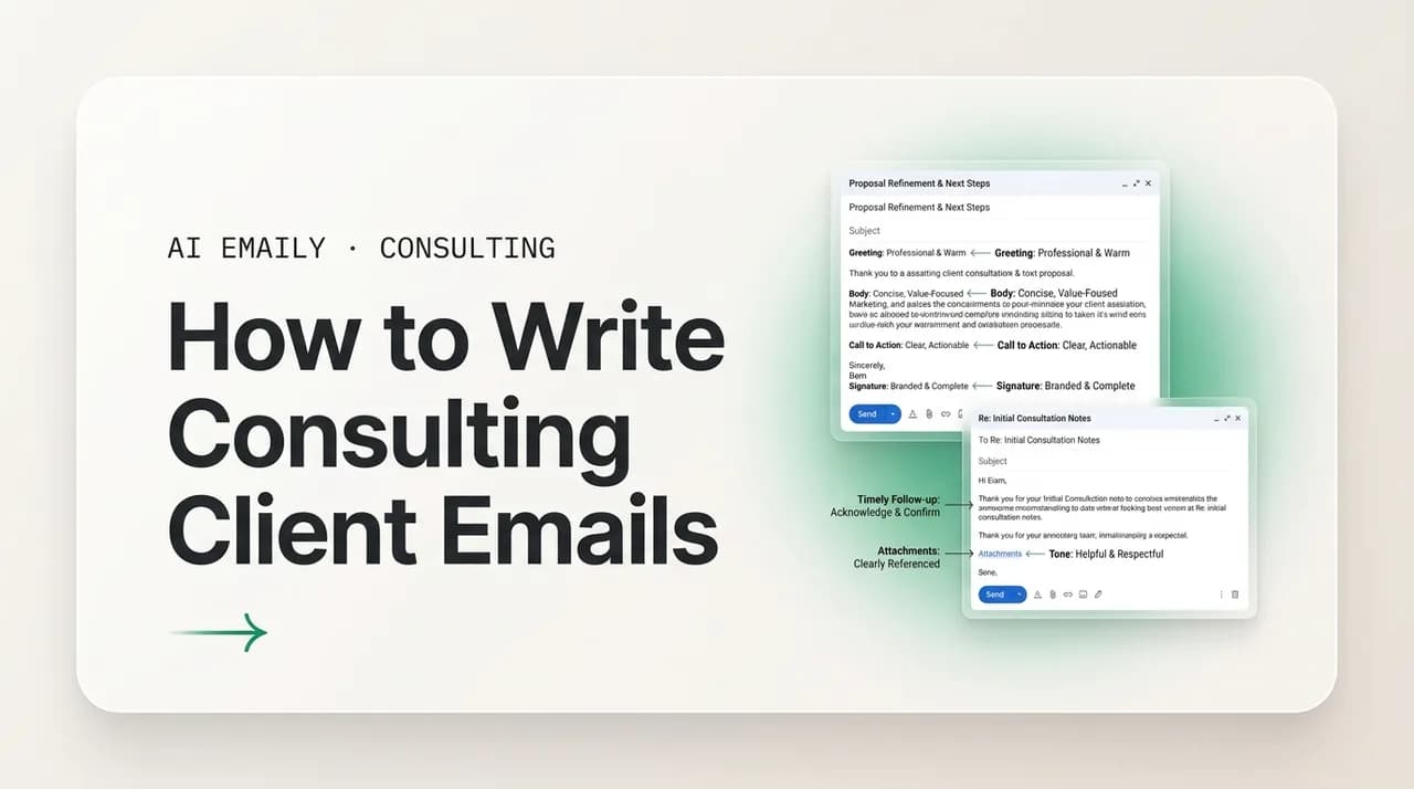 AI Emaily blog cover for how to write consulting client and proposal emails, showing clear emails with etiquette tips