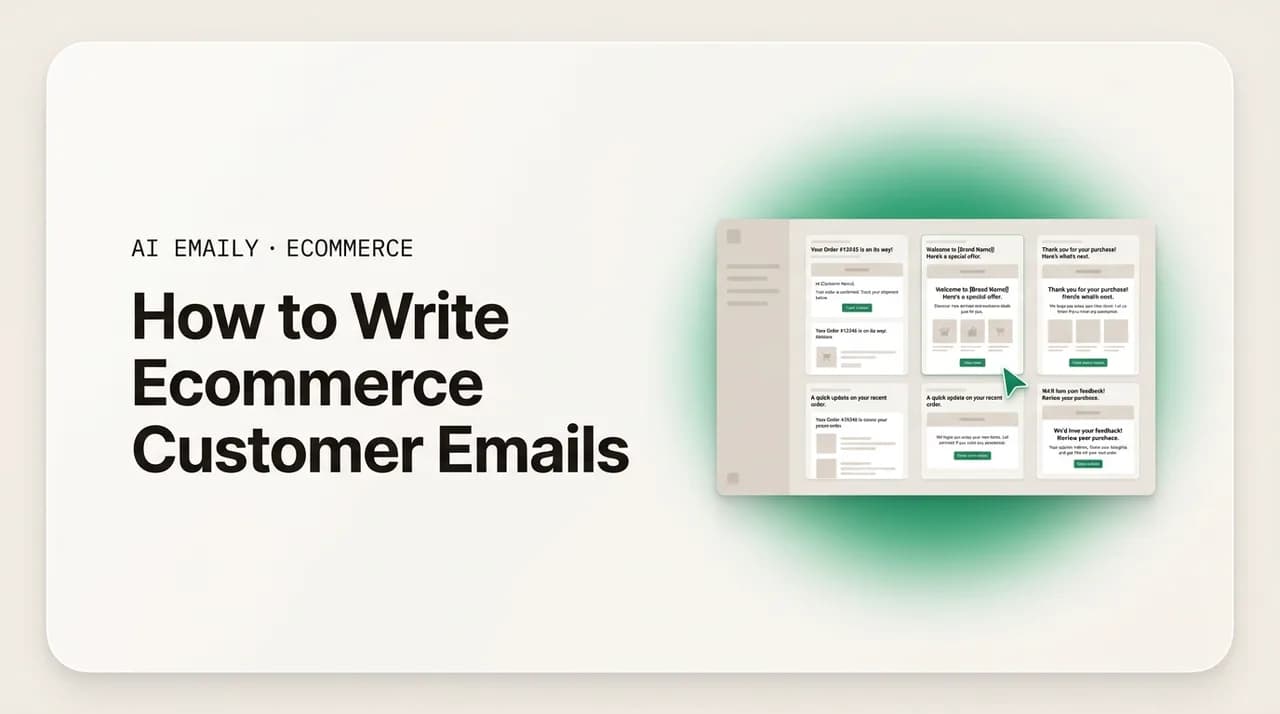 AI Emaily blog cover for how to write ecommerce customer emails, showing clear on-tone customer emails