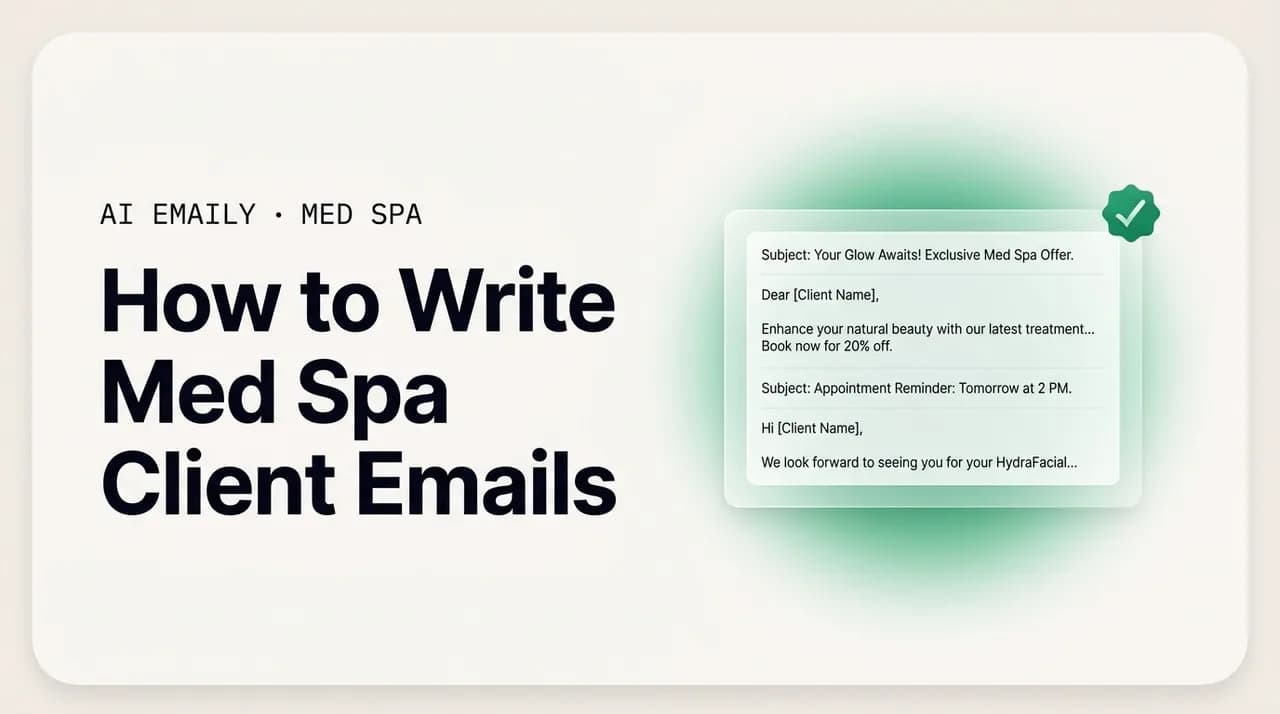 AI Emaily blog cover for how to write med spa client emails, showing on-brand client emails