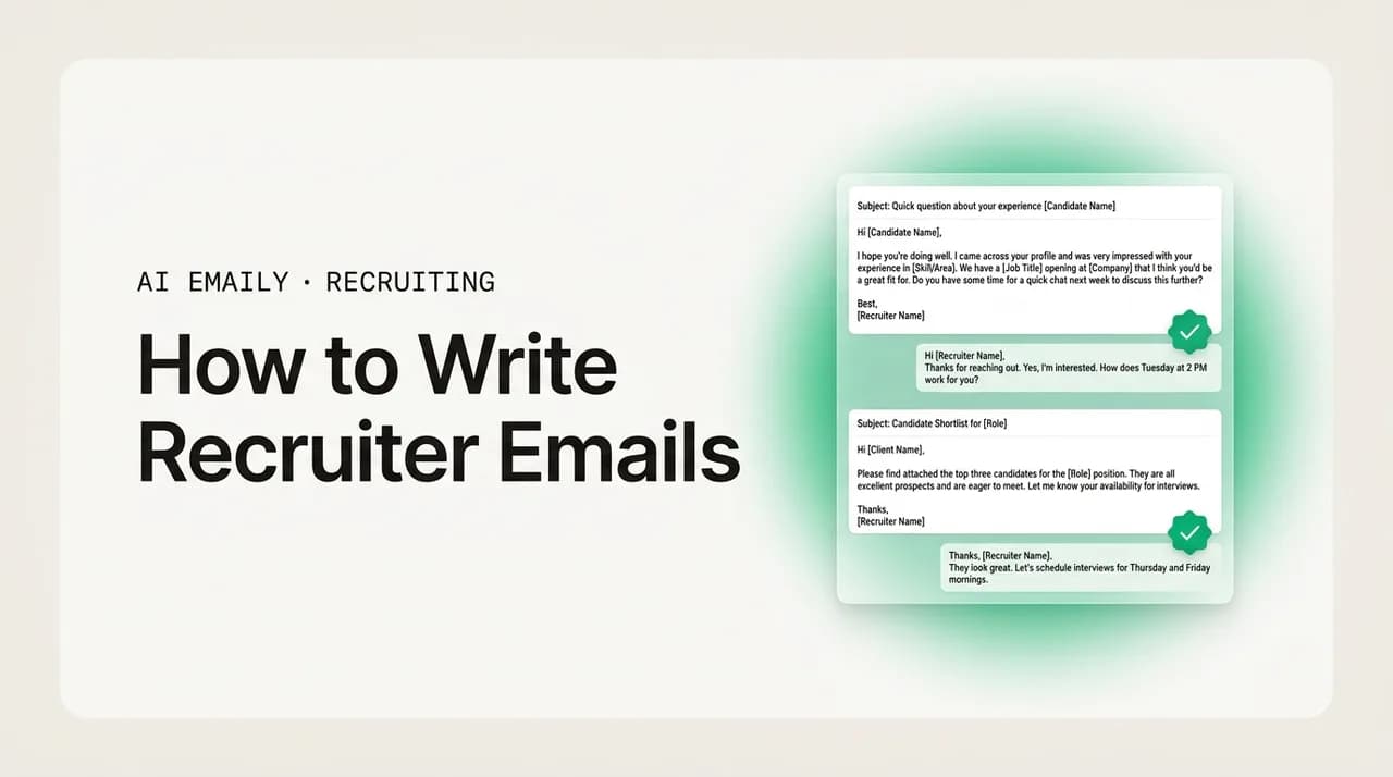 AI Emaily blog cover for how to write recruiter emails to candidates and clients, showing emails that get replies