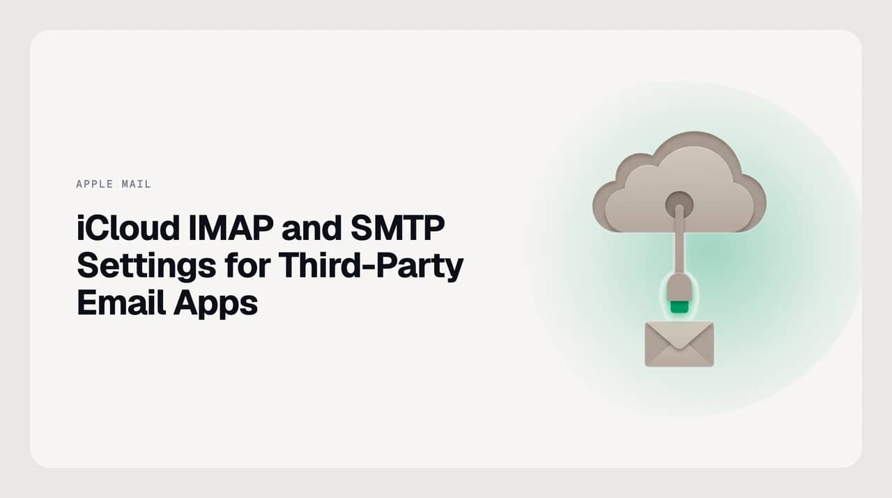 Diagram showing iCloud Mail IMAP and SMTP server settings with port numbers and encryption requirements for connecting to third-party email clients