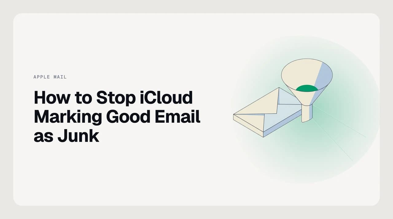 iCloud Mail junk filter control — icloud.com interface showing how to mark messages as not junk, whitelist senders, and create server-side rules to stop legitimate email from being classified as spam