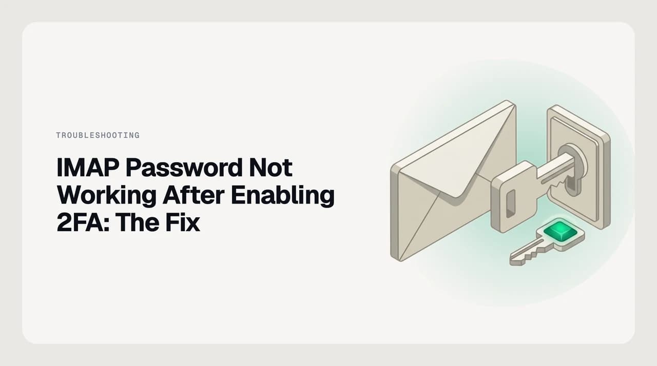 Diagram showing how enabling two-factor authentication blocks IMAP password logins and the two paths — app password and OAuth — that restore mail client access