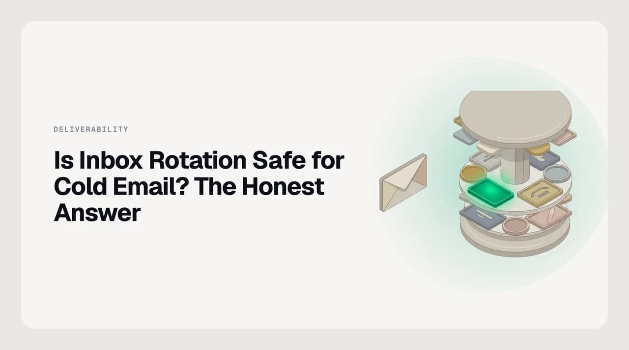 Conceptual illustration of inbox rotation for cold email: outreach volume split across a pool of mailboxes and separate domains, with the risk pattern shared across the whole sending estate.