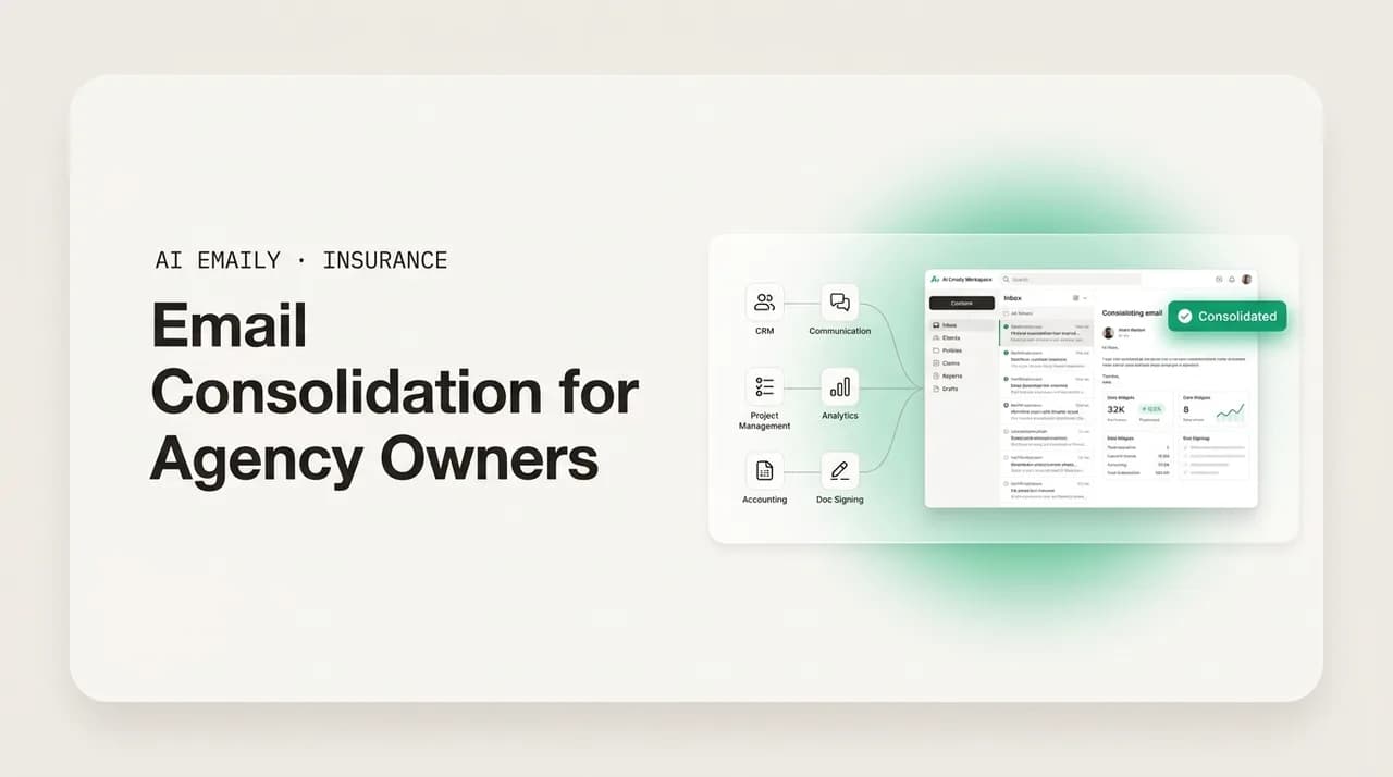 AI Emaily blog cover for insurance agency tool consolidation, showing six tools consolidated into one inbox