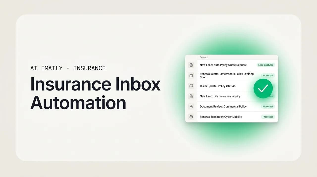AI Emaily blog cover for insurance inbox automation, showing an inbox capturing every lead and renewal