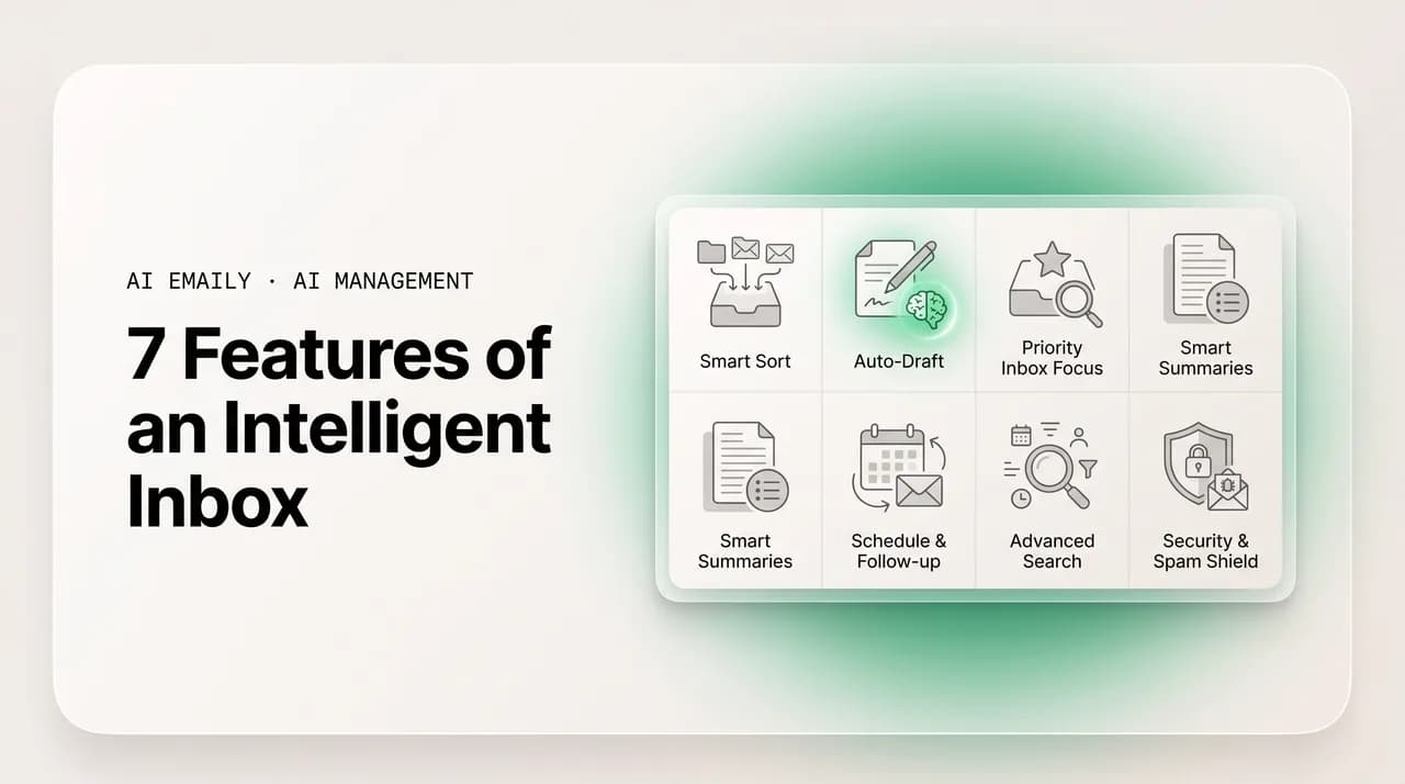 AI Emaily blog cover for intelligent inbox features, showing a grid of seven intelligent inbox capabilities