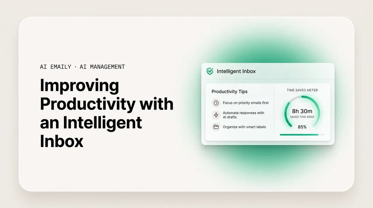 AI Emaily blog cover for intelligent inbox productivity tips, showing an intelligent inbox with a time-saved meter