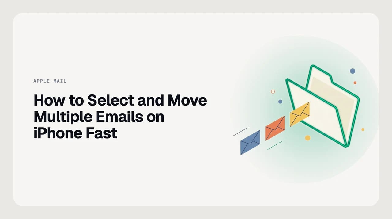 iPhone Mail inbox with several message rows highlighted in blue selection circles, illustrating how to select multiple emails on iPhone and move or delete them in one tap