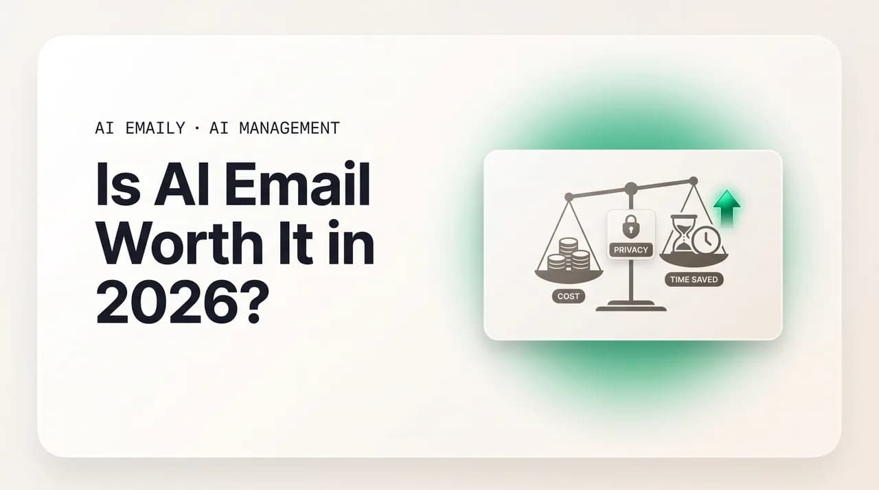 AI Emaily blog cover for is AI email worth it, showing a scale weighing cost, time, and privacy