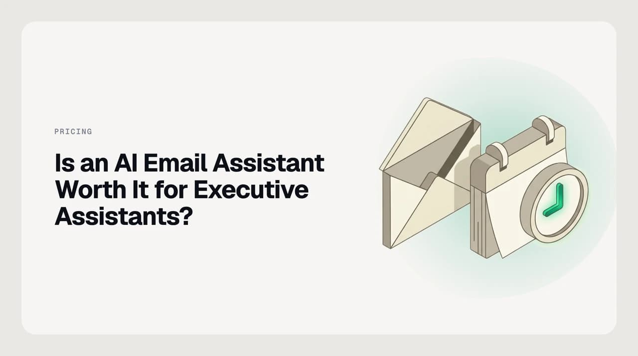 Diagram weighing whether an AI email assistant is worth it for executive assistants: one executive assistant approving drafts across two delegated executive mailboxes, with an audit record beneath.