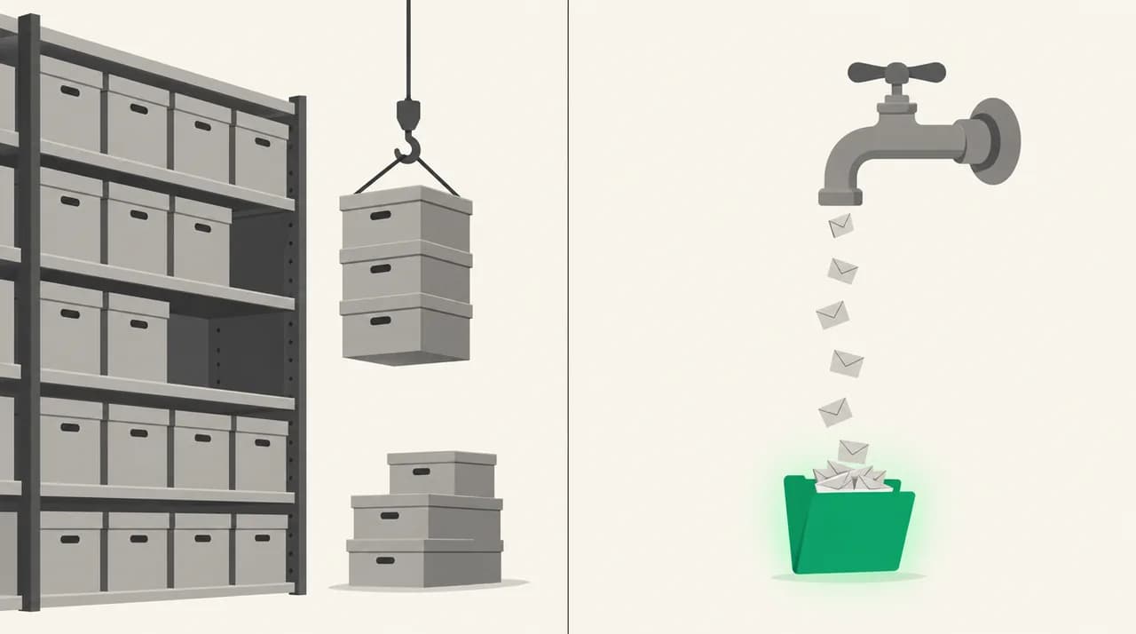 Two panels: on the left, a crane lifts boxes off a full archive shelf to clear stored mail; on the right, a tap drips new envelopes into a single green folder, cutting the daily flow down to one place