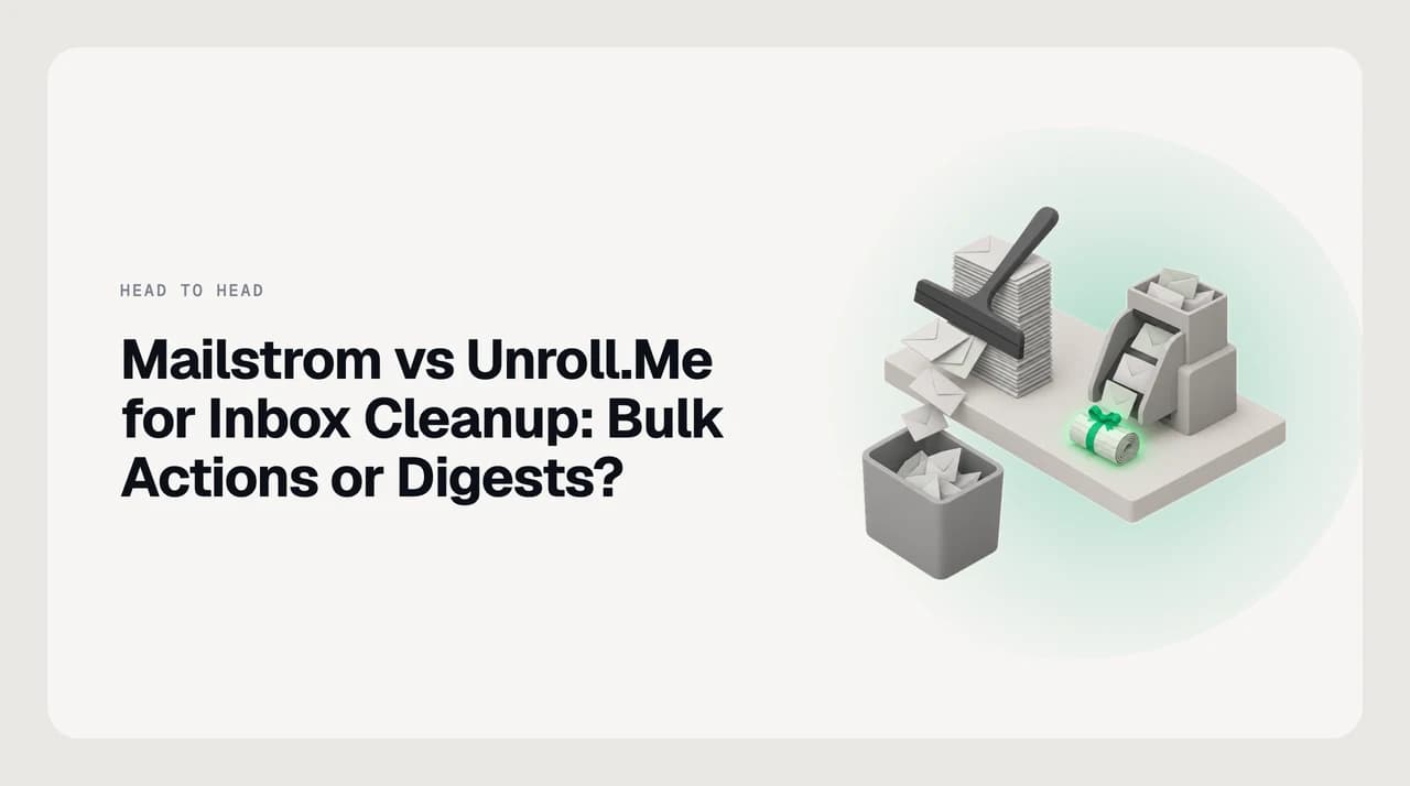 Two cleanup approaches on one platform: a squeegee pushes a tall stack of old envelopes into a bin, while a chute turns loose newsletters into one rolled digest tied with a green ribbon