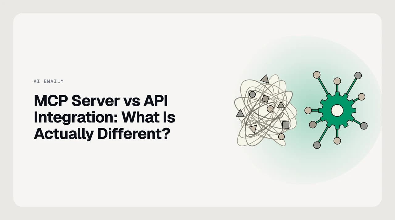 MCP server vs API integration comparison — one bespoke REST wiring per vendor versus one MCP integration that many AI assistants can discover and call