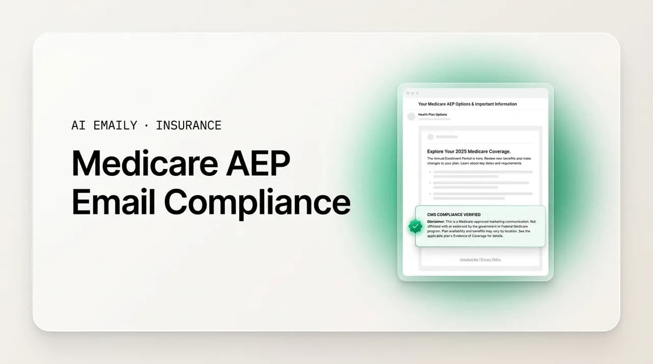 AI Emaily blog cover for Medicare AEP email compliance, showing a compliant email with CMS disclaimers
