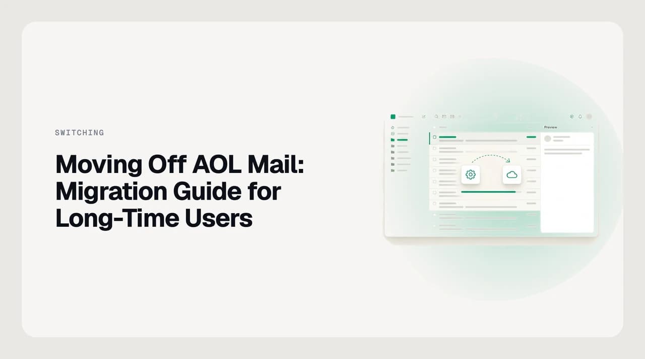 Illustration of an AOL mail icon on one side and a new inbox on the other, connected by a migration path, representing how to move off AOL Mail to another provider