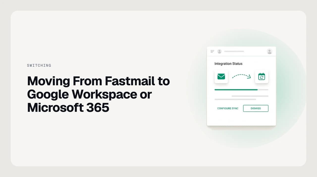 Illustration of migrating from Fastmail to Google Workspace or Microsoft 365, showing mail, aliases and calendar data moving from one mailbox host toward two possible destinations.