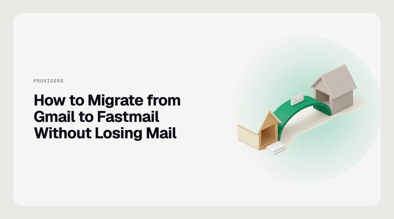 Diagram of a staged Gmail to Fastmail migration showing Google Takeout backup, OAuth import, forwarding overlap and DNS cutover