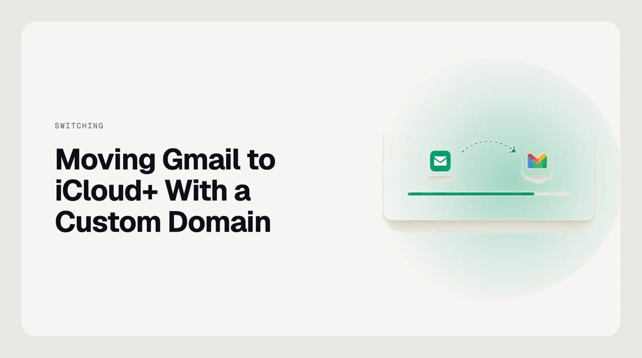 Illustration of email moving from Gmail to iCloud Mail on a custom domain, with a bridge showing what carries over and what iCloud+ leaves behind.