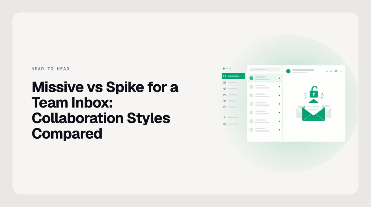 Missive vs Spike for a team inbox — one diagram showing internal comments attached to an email thread, the other showing a separate chat channel running beside the inbox