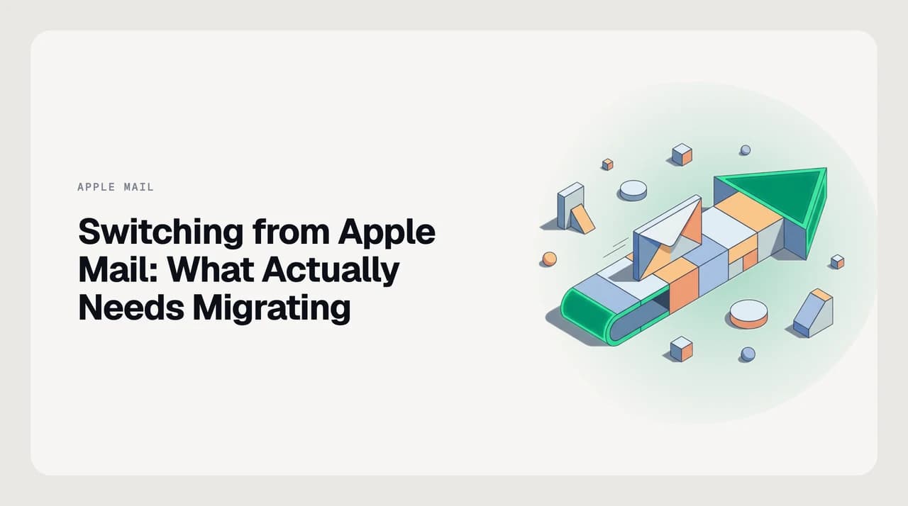 Illustration of switching from Apple Mail to another email client — a checklist showing what transfers automatically and what must be rebuilt by hand