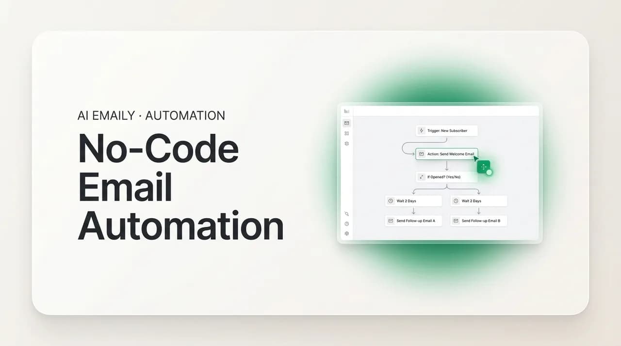 AI Emaily blog cover for no-code email automation, showing a drag-and-drop no-code workflow builder
