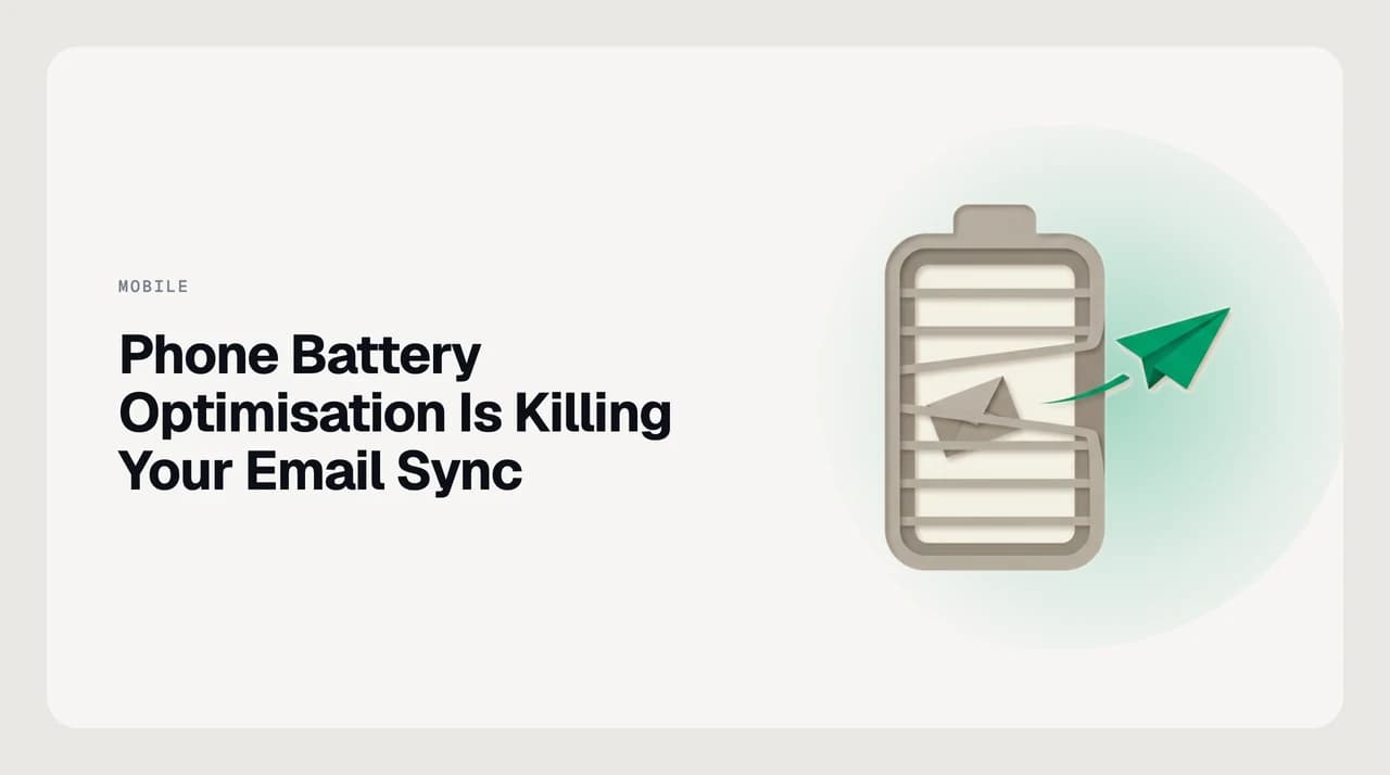 Diagram showing how phone battery optimisation suspends a mail app in the background, with the inbox only updating once the app is manually reopened