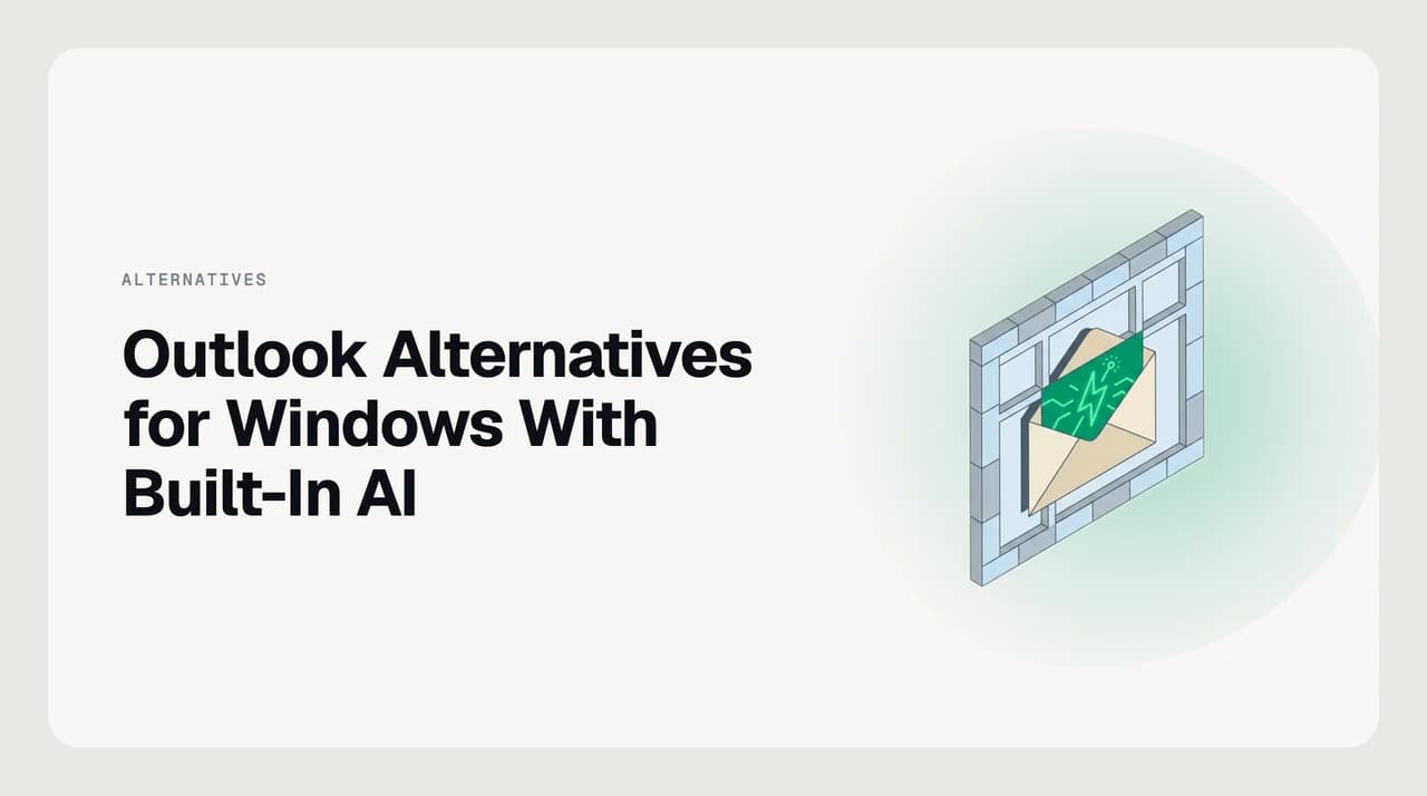Outlook alternatives for Windows with built-in AI — eight desktop email clients ranked as option cards, top card outlined in green with a Windows 11 taskbar behind them