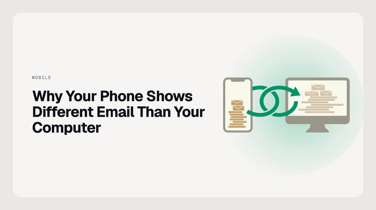 Diagram showing a smartphone and laptop displaying mismatched email inboxes side by side, illustrating why a phone shows different emails than a computer due to POP3, IMAP sync windows, and client-side rules
