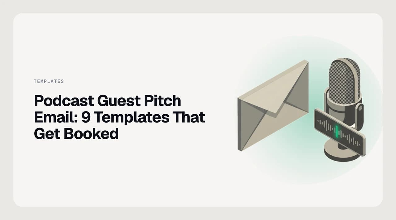 Podcast guest pitch email templates showing structured outreach to a podcast host with episode angle suggestions highlighted in green